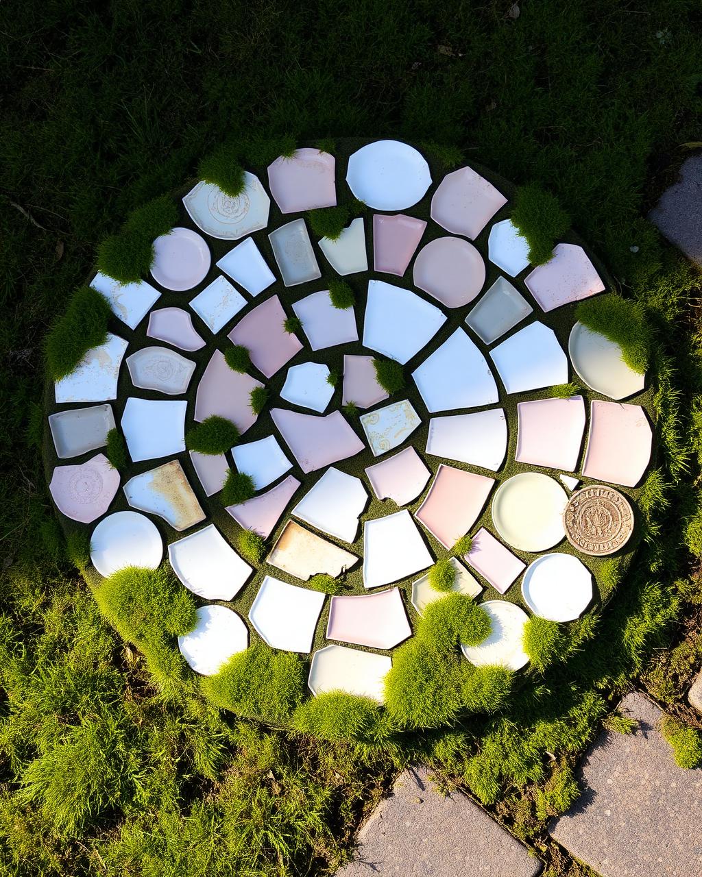 A circular garden stepping stone made from broken vintage china in a mosaic.