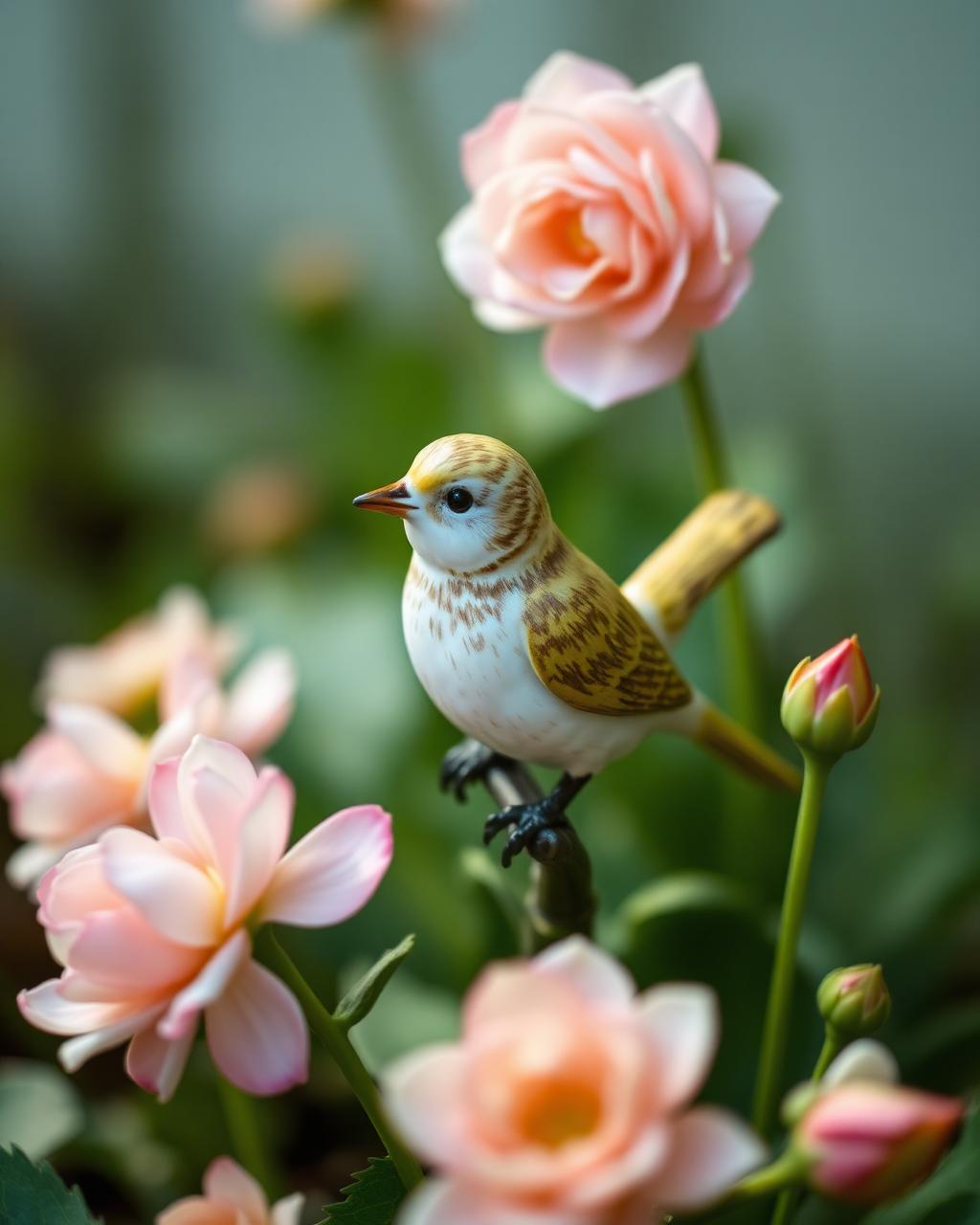 A small vintage porcelain bird figurine perched among soft pink roses.