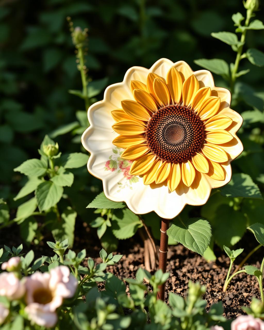 A vintage china saucer at the center of a sculptural sunflower garden stake.