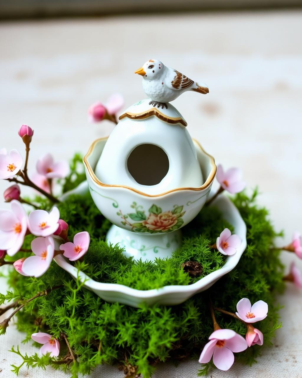 A vintage sugar bowl repurposed as a tiny garden birdhouse with a porcelain bird.