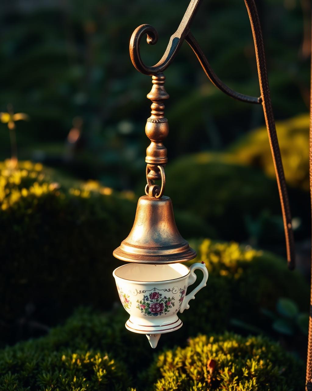 A brass garden bell with a porcelain teacup as its clapper, hanging in a garden.