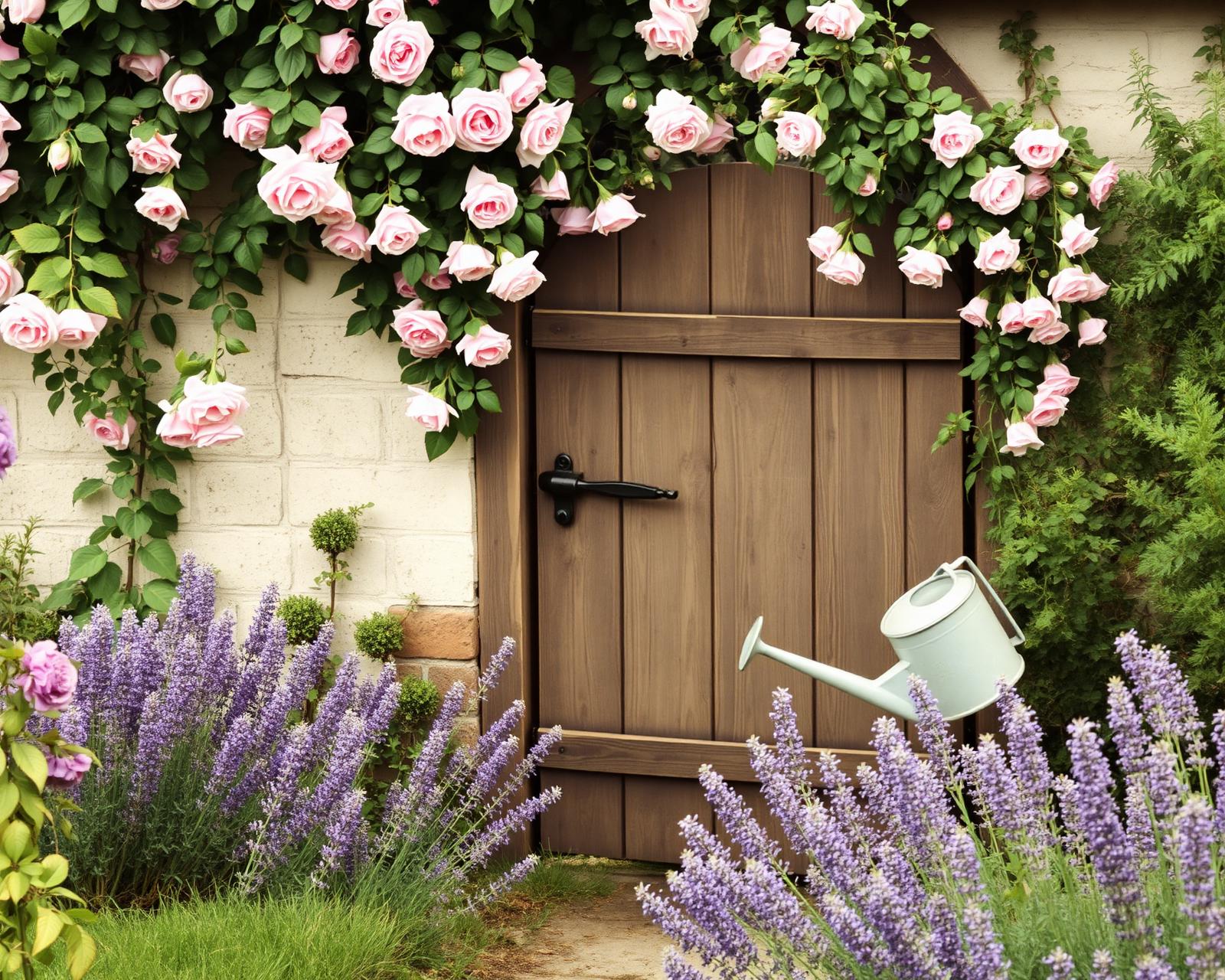 A grandmother's cottage garden with climbing pink roses, lavender, a wooden gate, and a vintage watering can.