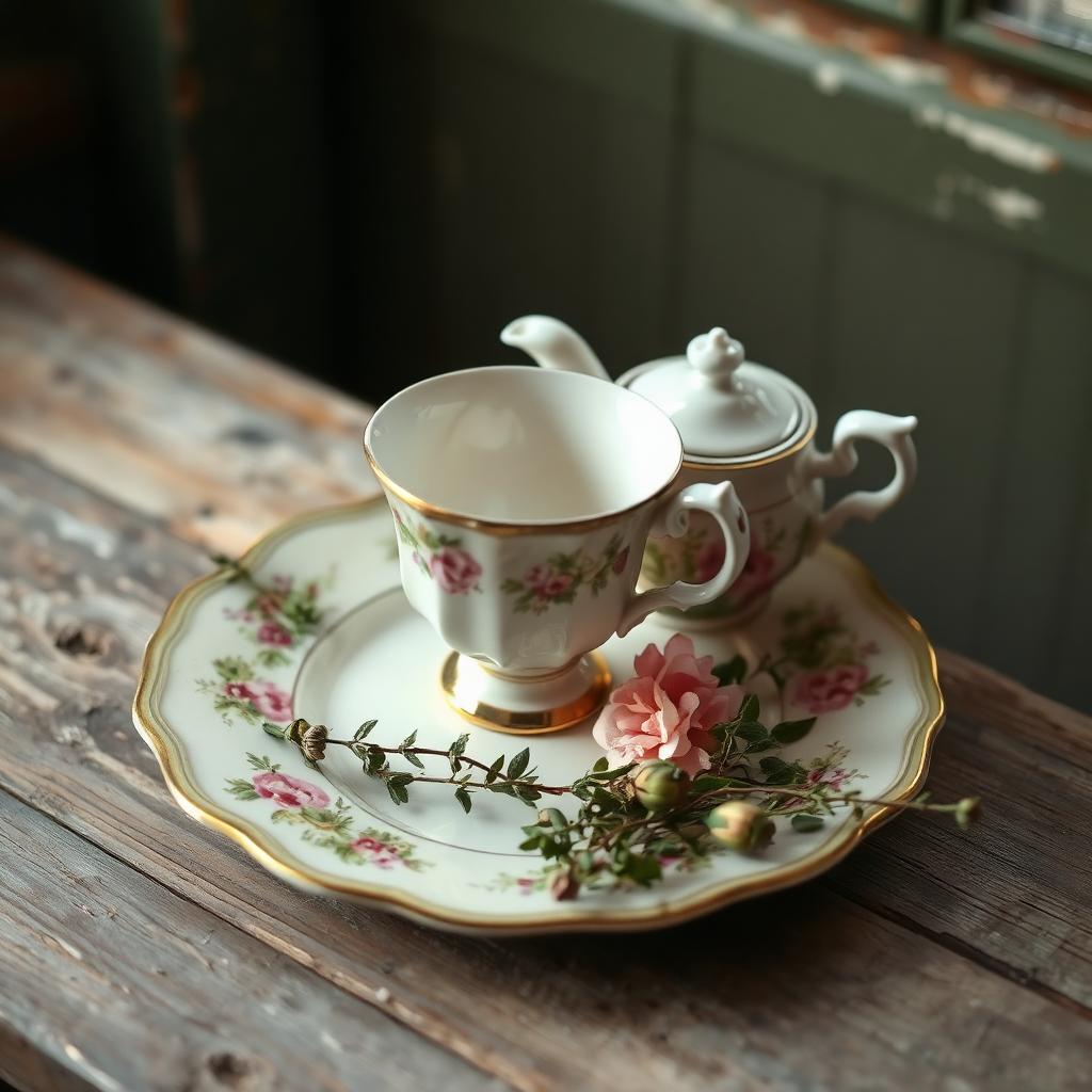 A vintage teacup and floral plate on weathered wood, waiting to be reimagined.