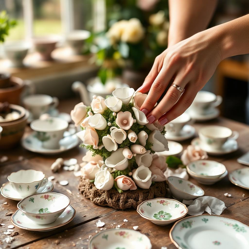 Hands carefully arranging vintage porcelain pieces on a workbench.