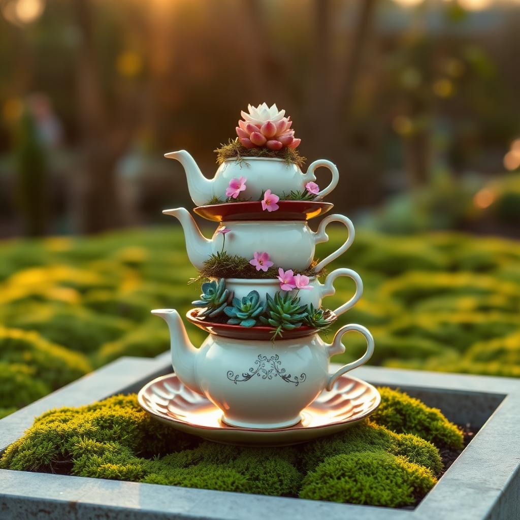 A finished garden sculpture made from stacked teapots in a mossy garden.