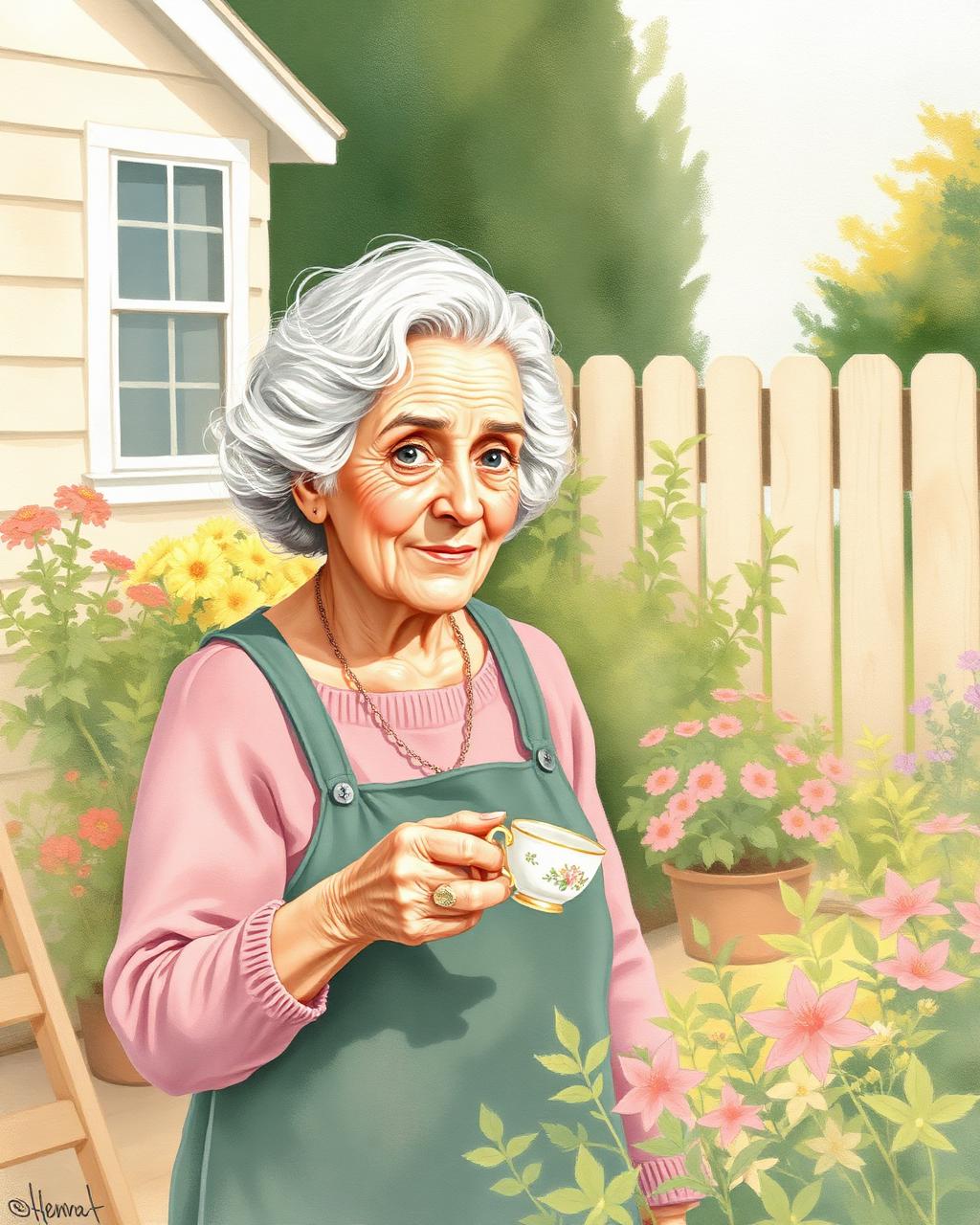 Painterly portrait of Shelly, a kind-eyed older woman with silver hair, holding a vintage teacup in her garden.
